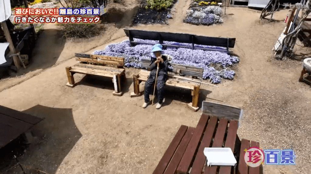 Senior woman in a light blue hat sits on a wooden bench in a garden with purple flowers in the background.