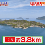 Aerial view of a green island in blue water with smaller islands in the distance; a large red-and-white banner at the bottom reads '周囲約3.8km' and a small portrait inset is in the top-right corner.