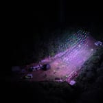Nighttime campsite with a diagonal fan of colorful string lights over a grassy area, vehicles and tents nearby.