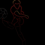 LED light art of a person kicking a ball, outlined in red and white/yellow dots on a black background