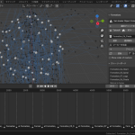 Blender screenshot: dense network of spheres connected by blue edges in the 3D viewport; timeline at bottom and UI panels on the right.