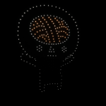 Dotted LED skull outline around an illuminated brain-shaped pattern of lights on a black background.